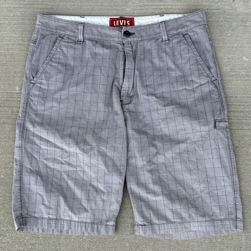 Levis Ramp Flat Front Shorts Men 38 Grey Grid Plaid Cotton Casual Utility Pocket